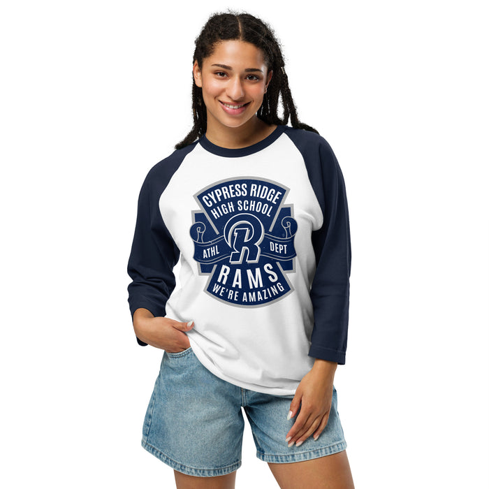WOman wearing Cypress Ridge High School Rams Unisex 3/4 sleeve Raglan T-shirt 207