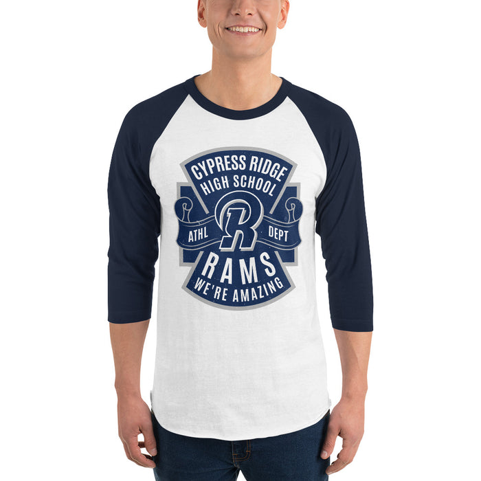 Man wearing Cypress Ridge High School Rams Unisex 3/4 sleeve Raglan T-shirt 207