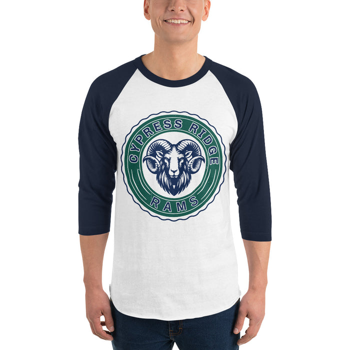 Man wearing Cypress Ridge High School Rams Unisex 3/4 sleeve Raglan T-shirt 216