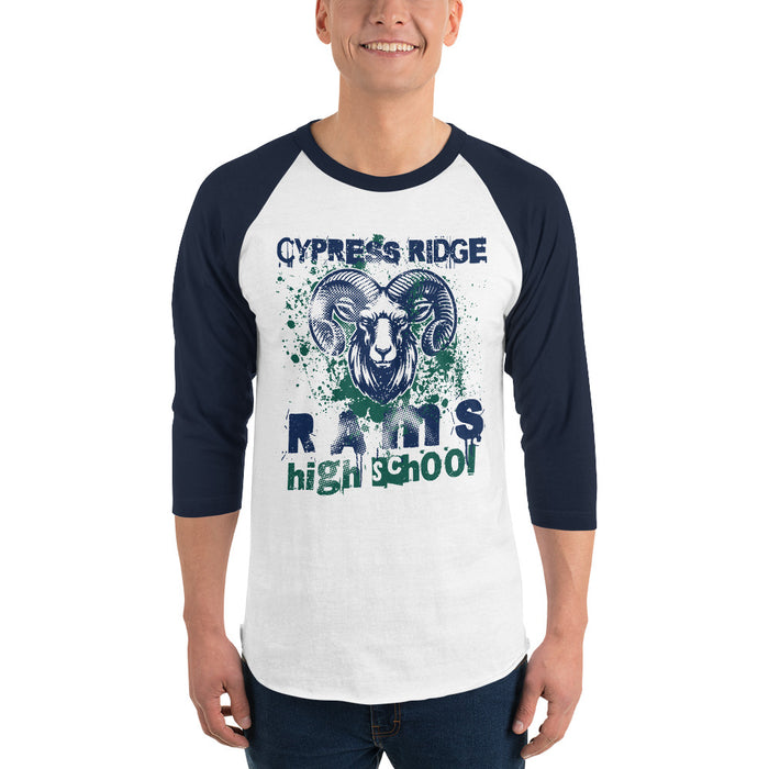 Man wearing Cypress Ridge High School Rams Unisex 3/4 sleeve Raglan T-shirt 205