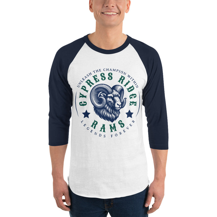 Man wearing Cypress Ridge High School Rams Unisex 3/4 sleeve Raglan T-shirt 214