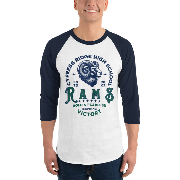 Man wearing Cypress Ridge High School Rams Unisex 3/4 sleeve Raglan T-shirt 206