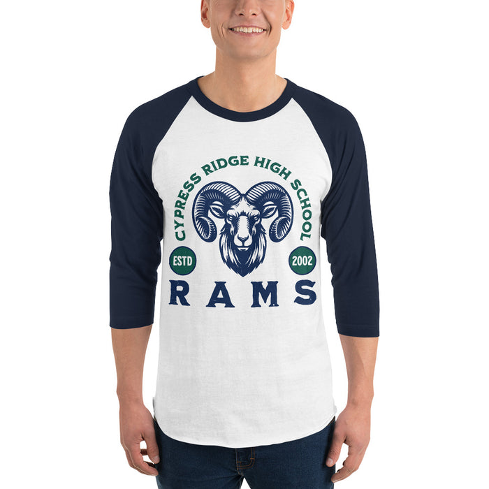 Man wearing Cypress Ridge High School Rams Unisex 3/4 sleeve Raglan T-shirt 208