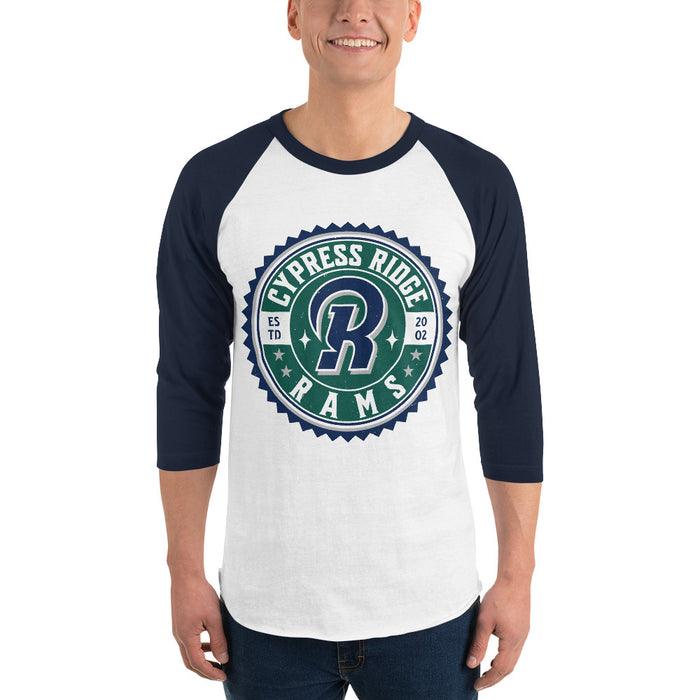 Man wearing Cypress Ridge High School Rams Unisex 3/4 sleeve Raglan T-shirt 203