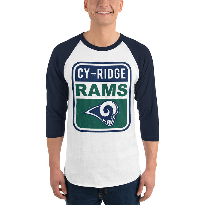 Man wearing Cypress Ridge High School Rams Unisex 3/4 sleeve Raglan T-shirt 001
