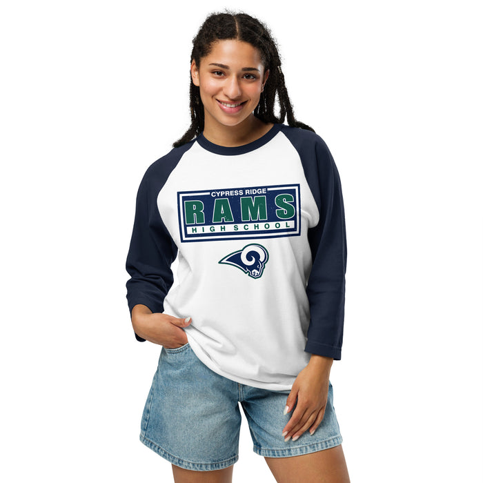 Woman wearing Cypress Ridge High School Rams Unisex 3/4 sleeve Raglan T-shirt 049