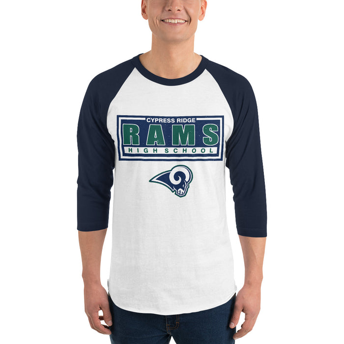 Man wearing Cypress Ridge High School Rams Unisex 3/4 sleeve Raglan T-shirt 049