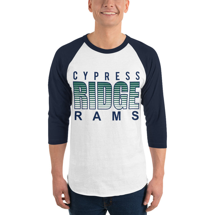 Man wearing Cypress Ridge High School Rams Unisex 3/4 sleeve Raglan T-shirt 024
