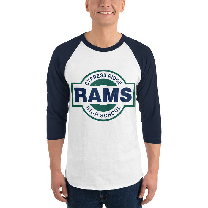 Man wearing Cypress Ridge High School Rams Unisex 3/4 sleeve Raglan T-shirt 011