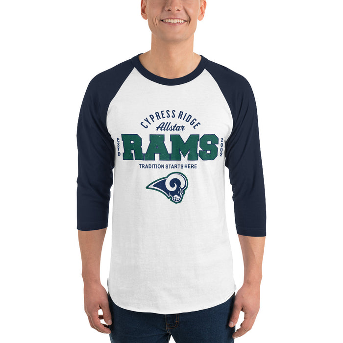 Man wearing Cypress Ridge High School Rams Unisex 3/4 sleeve Raglan T-shirt 040