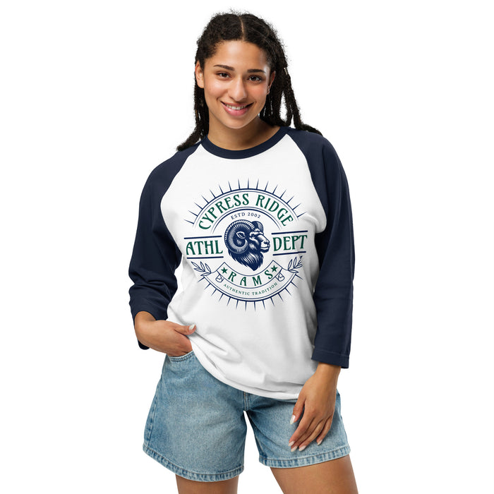 Woman wearing Cypress Ridge High School Rams Unisex 3/4 sleeve Raglan T-shirt 201