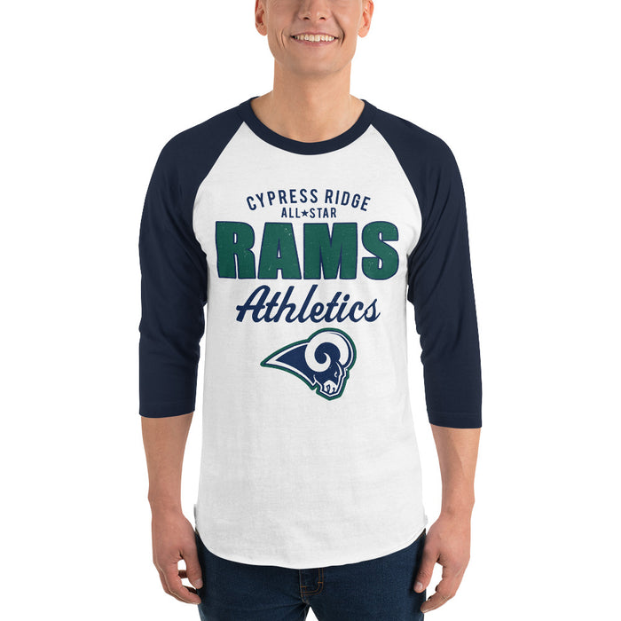 Man wearing Cypress Ridge High School Rams Unisex 3/4 sleeve Raglan T-shirt 034