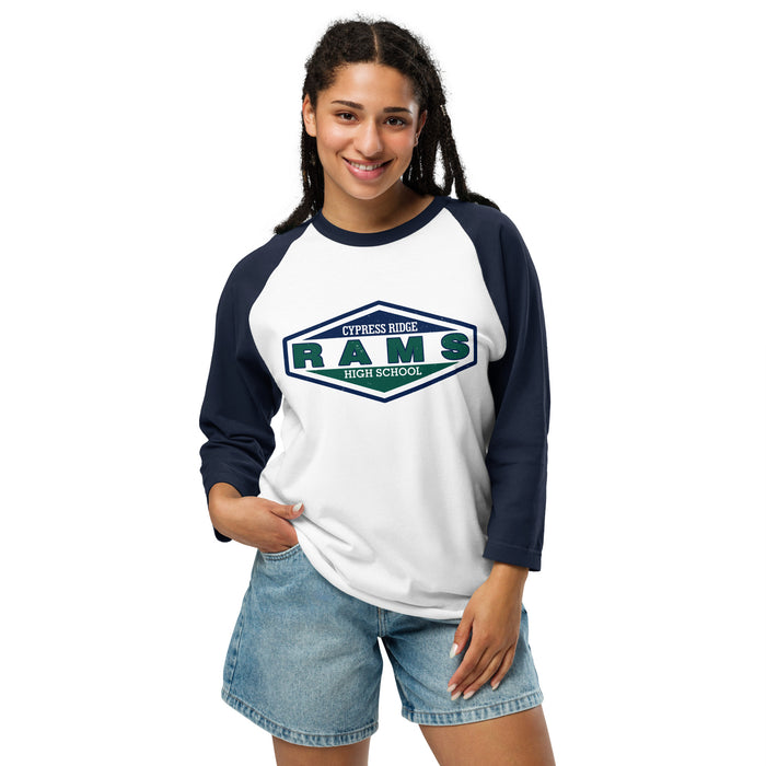 Woman wearing Cypress Ridge High School Rams Unisex 3/4 sleeve Raglan T-shirt 009