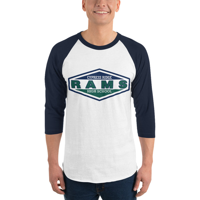 Man wearing Cypress Ridge High School Rams Unisex 3/4 sleeve Raglan T-shirt 009