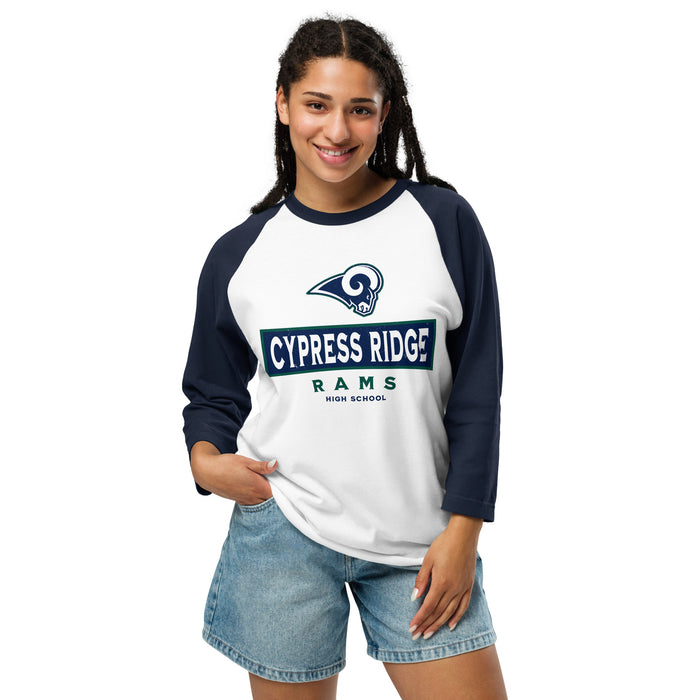 Woman wearing Cypress Ridge High School Rams Unisex 3/4 sleeve Raglan T-shirt 202