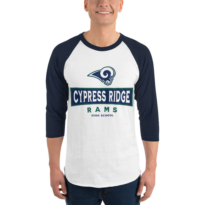 Man wearing Cypress Ridge High School Rams Unisex 3/4 sleeve Raglan T-shirt 202