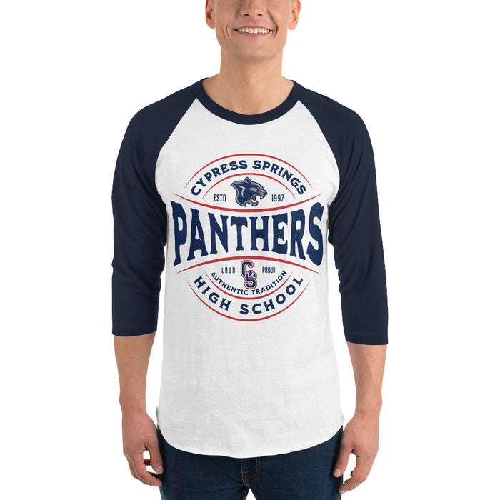 Man wearing Cypress Springs High School Panthers Unisex 3/4 sleeve Raglan T-shirt 218 - Navy Sleeves