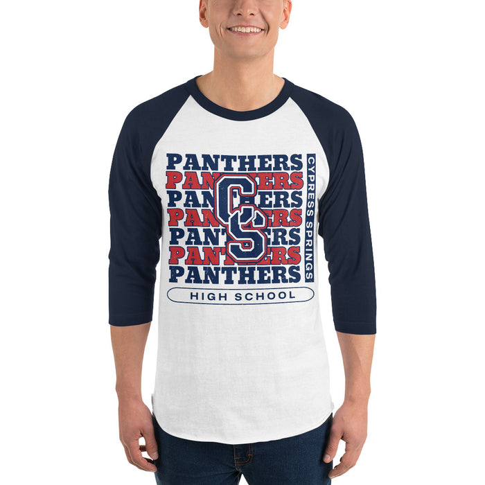 Man wearing Cypress Springs High School Panthers Unisex 3/4 sleeve Raglan T-shirt 235 - Navy Sleeves
