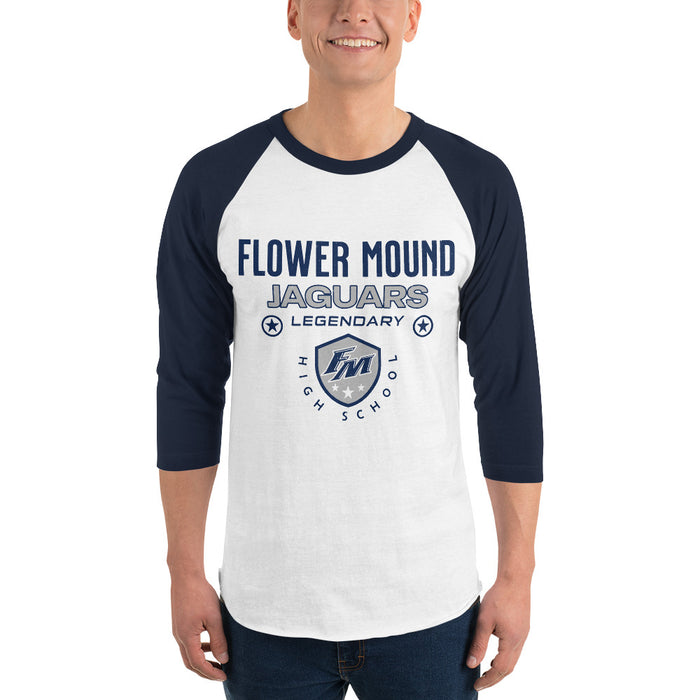 Man wearing Flower Mound High School Jaguars Unisex 3/4 sleeve Raglan T-shirt 003