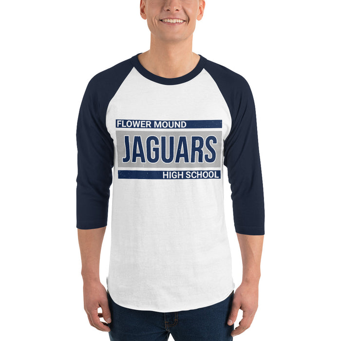 Man wearing Flower Mound High School Jaguars Unisex 3/4 sleeve Raglan T-shirt 098