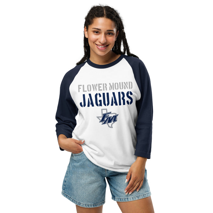 Woman wearing Flower Mound High School Jaguars Unisex 3/4 sleeve Raglan T-shirt 017