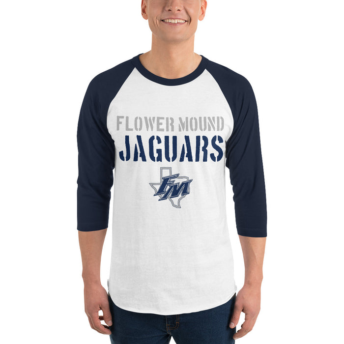 Man wearing Flower Mound High School Jaguars Unisex 3/4 sleeve Raglan T-shirt 017
