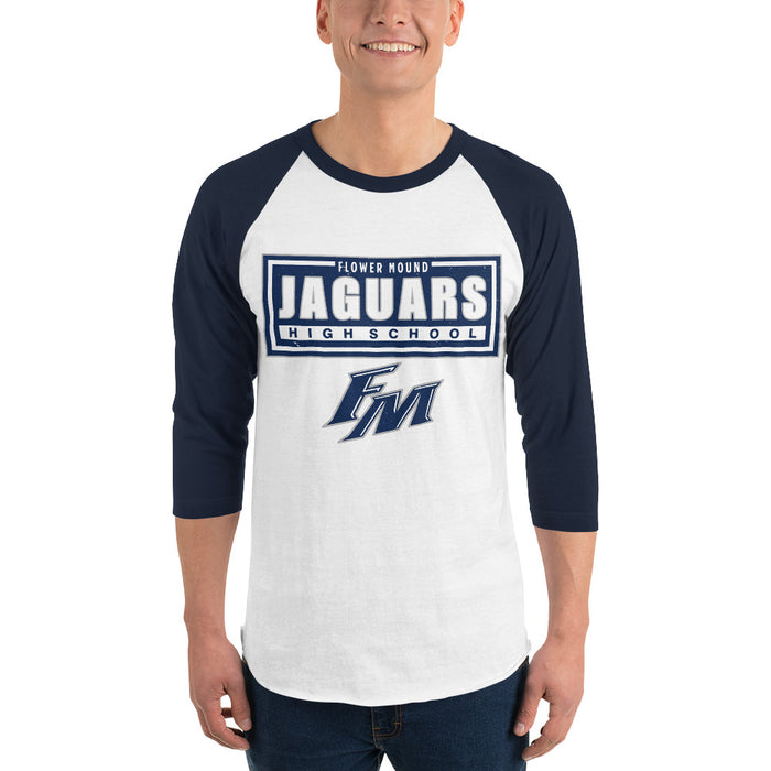 Man wearing Flower Mound High School Jaguars Unisex 3/4 sleeve Raglan T-shirt 049