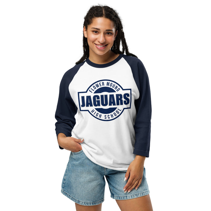 Woman wearing Flower Mound High School Jaguars Unisex 3/4 sleeve Raglan T-shirt 011