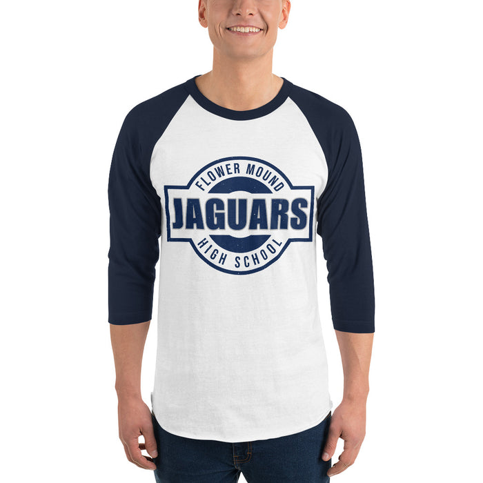 Man wearing Flower Mound High School Jaguars Unisex 3/4 sleeve Raglan T-shirt 011