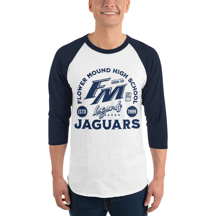 Man wearing Flower Mound High School Jaguars Unisex 3/4 sleeve Raglan T-shirt 208