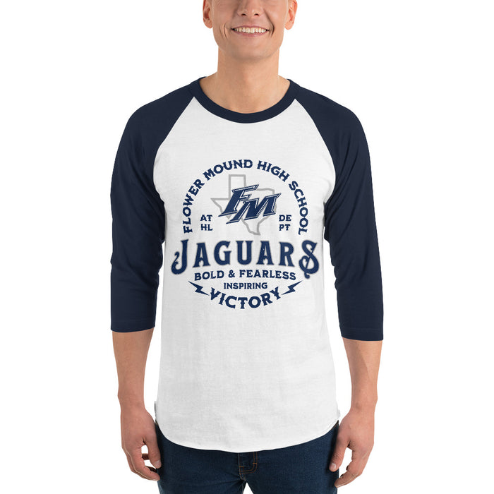 Man wearing Flower Mound High School Jaguars Unisex 3/4 sleeve Raglan T-shirt 206