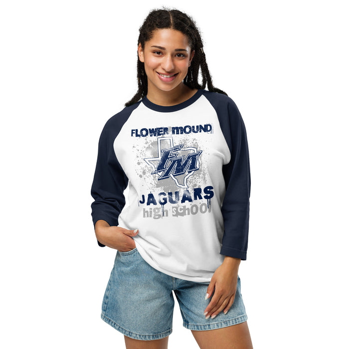 Woman wearing Flower Mound High School Jaguars Unisex 3/4 sleeve Raglan T-shirt 205
