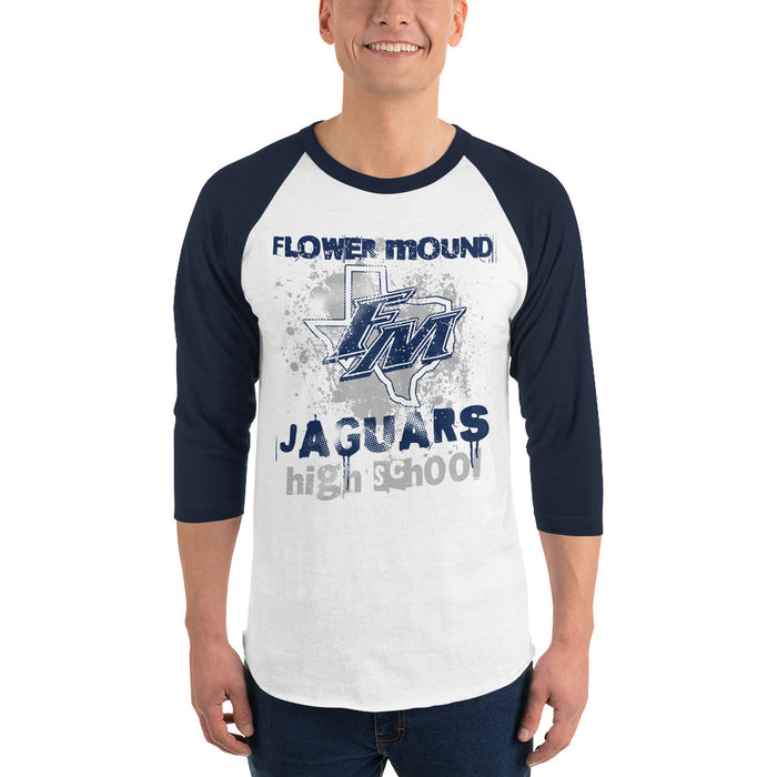 Man wearing Flower Mound High School Jaguars Unisex 3/4 sleeve Raglan T-shirt 205
