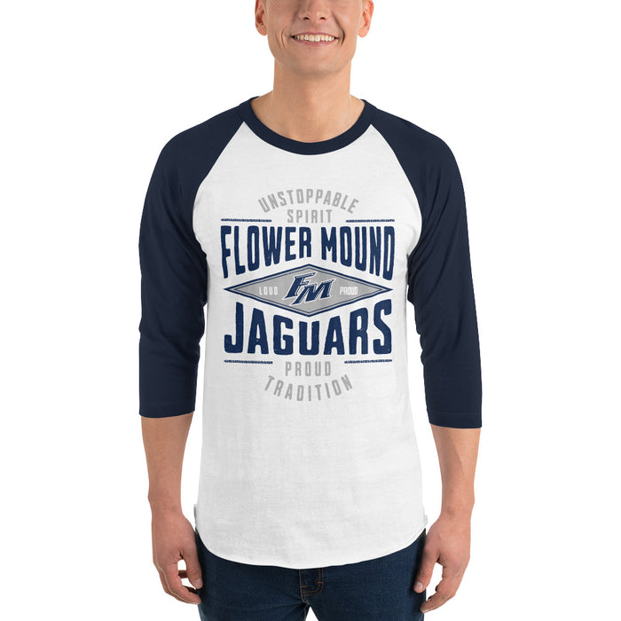 Man wearing Flower Mound High School Jaguars Unisex 3/4 sleeve Raglan T-shirt 210