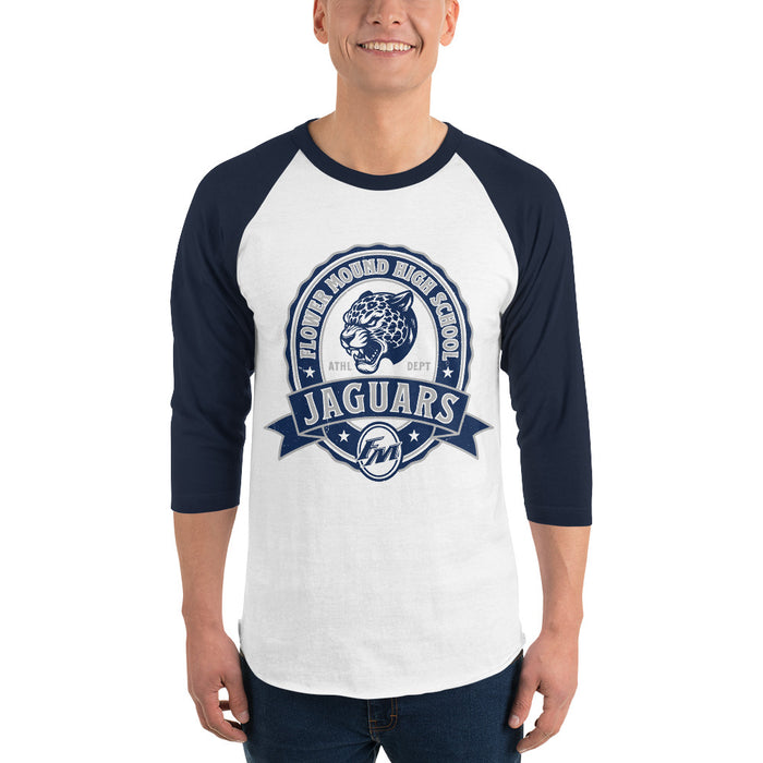 Man wearing Flower Mound High School Jaguars Unisex 3/4 sleeve Raglan T-shirt 212