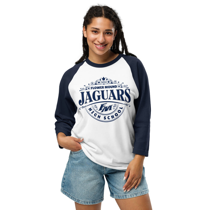 Woman wearing Flower Mound High School Jaguars Unisex 3/4 sleeve Raglan T-shirt 211