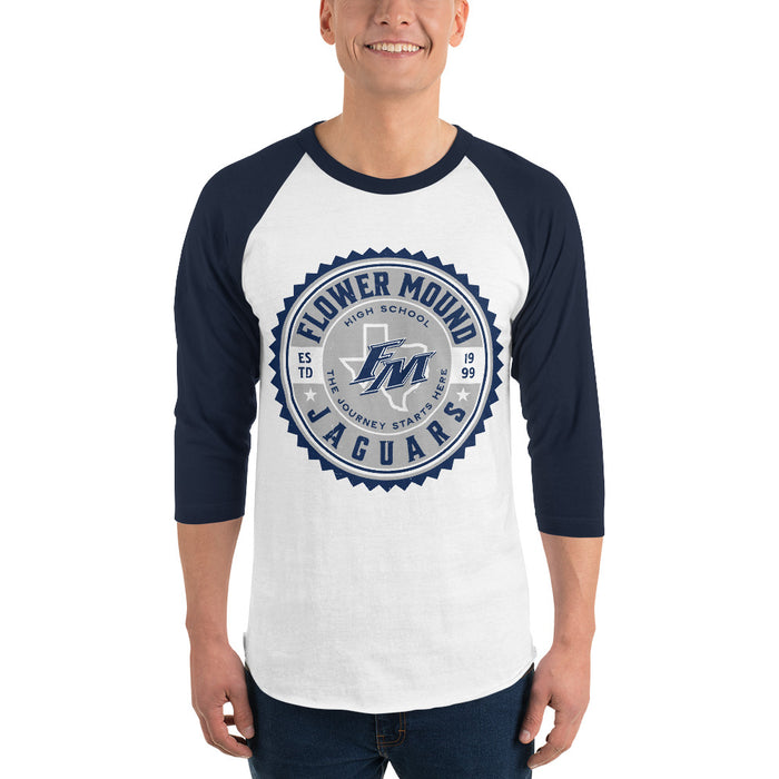 Man wearing Flower Mound High School Jaguars Unisex 3/4 sleeve Raglan T-shirt 203
