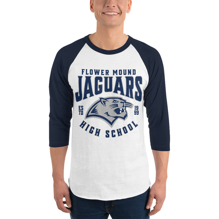 Man wearing Flower Mound High School Jaguars Unisex 3/4 sleeve Raglan T-shirt 213