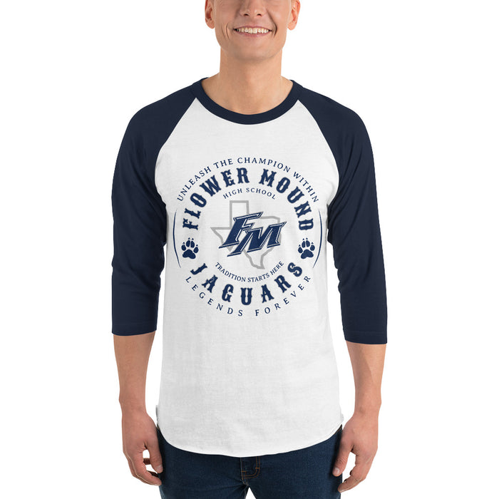 Man wearing Flower Mound High School Jaguars Unisex 3/4 sleeve Raglan T-shirt 214