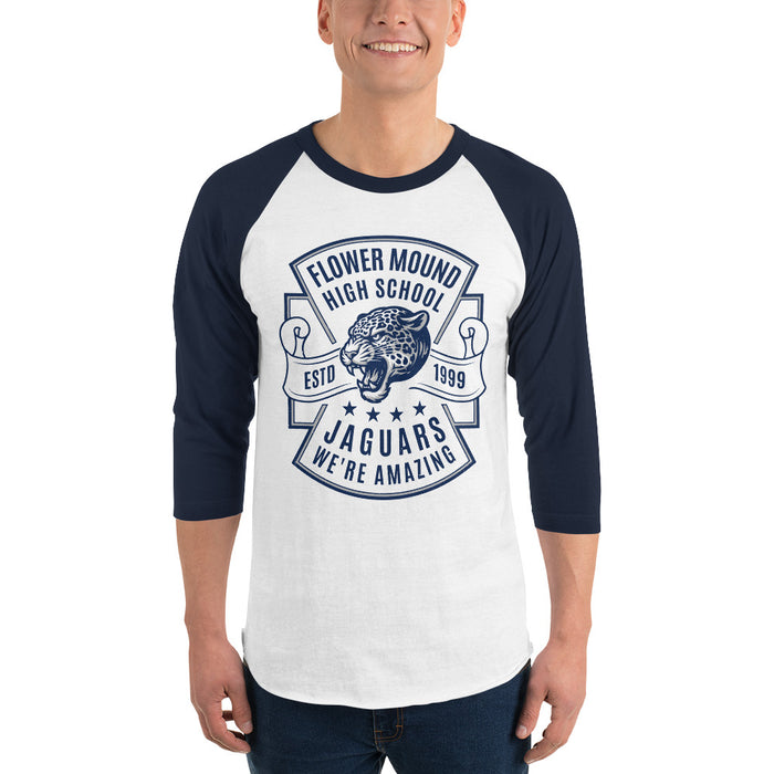Man wearing Flower Mound High School Jaguars Unisex 3/4 sleeve Raglan T-shirt 207