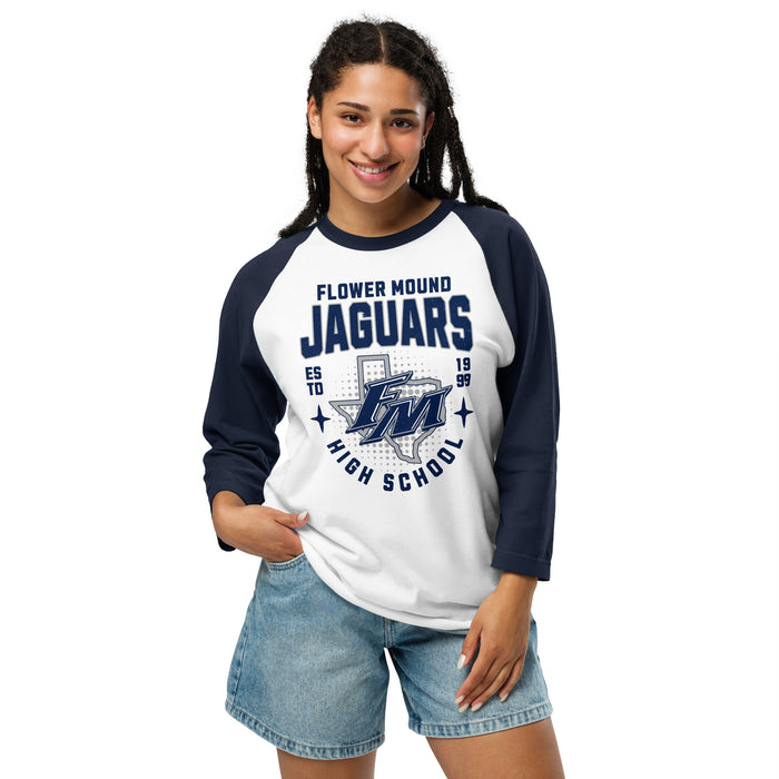 Woman wearing Flower Mound High School Jaguars Unisex 3/4 sleeve Raglan T-shirt 204
