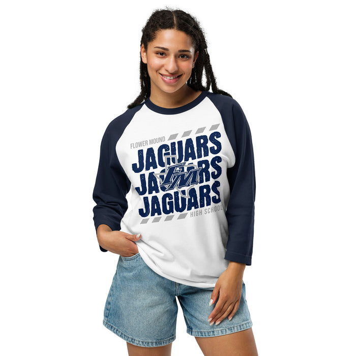 Woman wearing Flower Mound High School Jaguars Unisex 3/4 sleeve Raglan T-shirt 223
