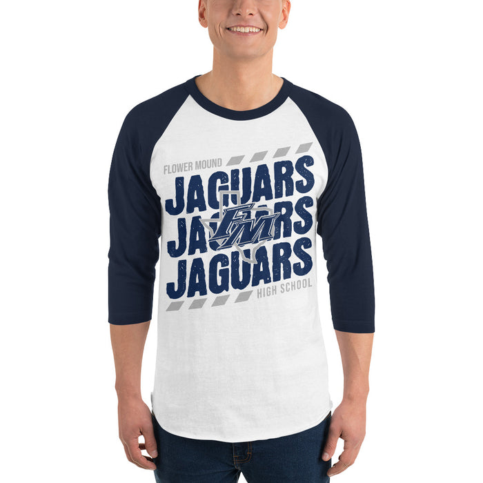 Man wearing Flower Mound High School Jaguars Unisex 3/4 sleeve Raglan T-shirt 223