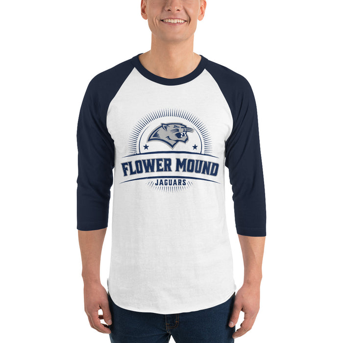 Man wearing Flower Mound High School Jaguars Unisex 3/4 sleeve Raglan T-shirt 221