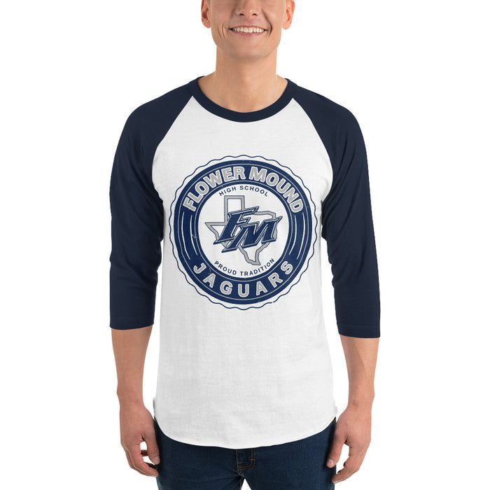 Man wearing Flower Mound High School Jaguars Unisex 3/4 sleeve Raglan T-shirt 216