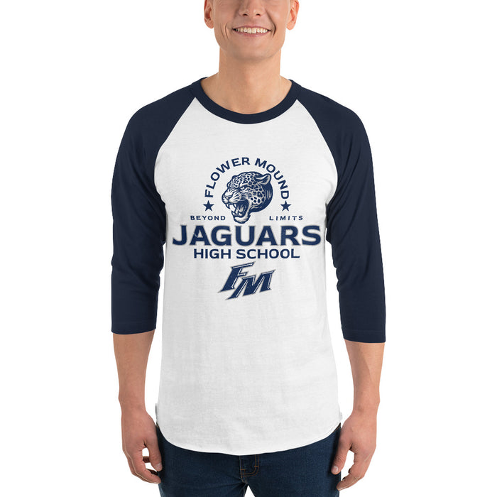 Man wearing Flower Mound High School Jaguars Unisex 3/4 sleeve Raglan T-shirt 222