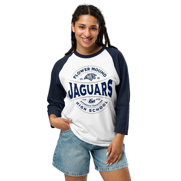 Woman wearing Flower Mound High School Jaguars Unisex 3/4 sleeve Raglan T-shirt 218