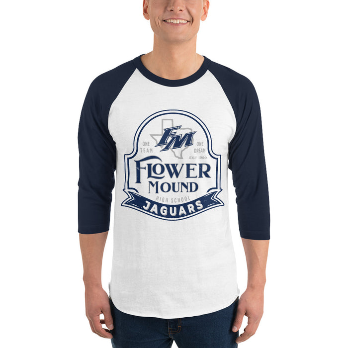 Man wearing Flower Mound High School Jaguars Unisex 3/4 sleeve Raglan T-shirt 219
