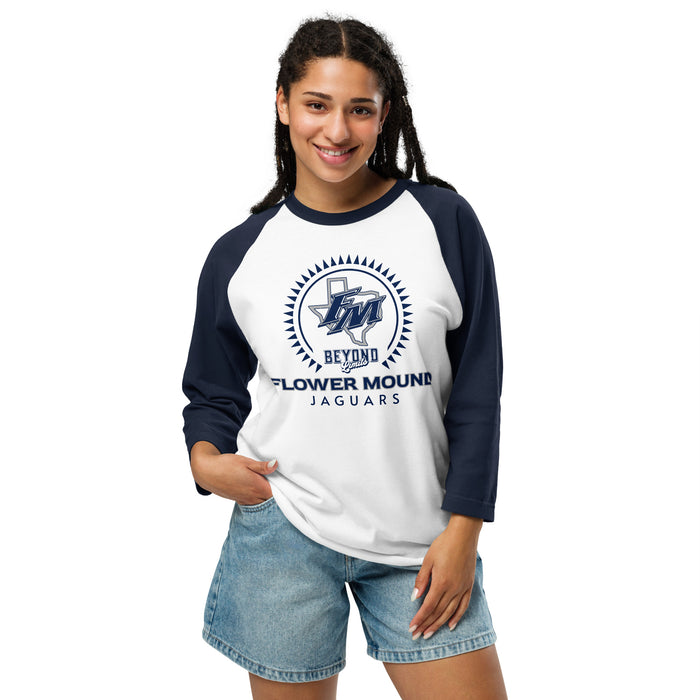 Woman wearing Flower Mound High School Jaguars Unisex 3/4 sleeve Raglan T-shirt 226
