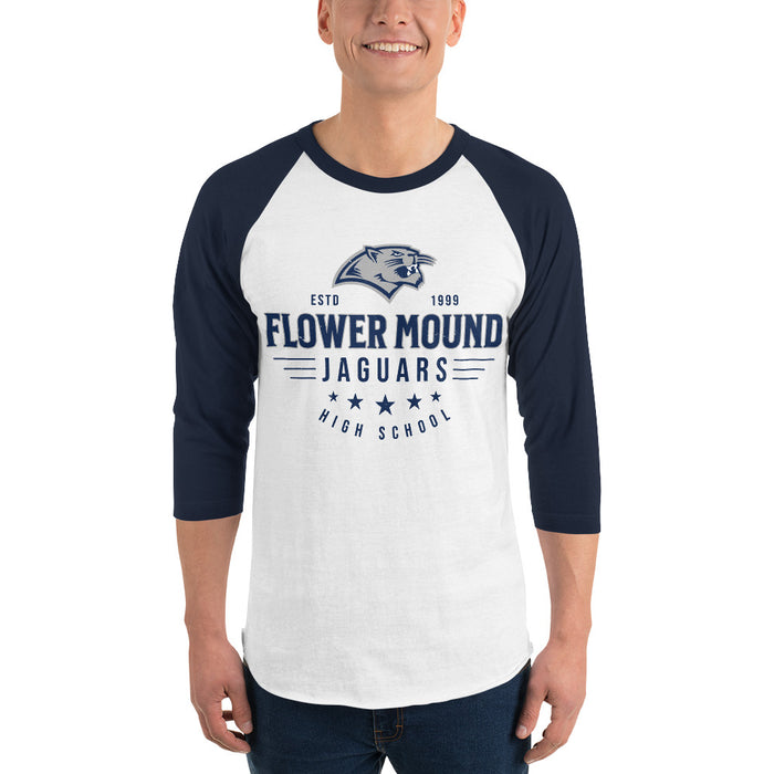Man wearing Flower Mound High School Jaguars Unisex 3/4 sleeve Raglan T-shirt 217